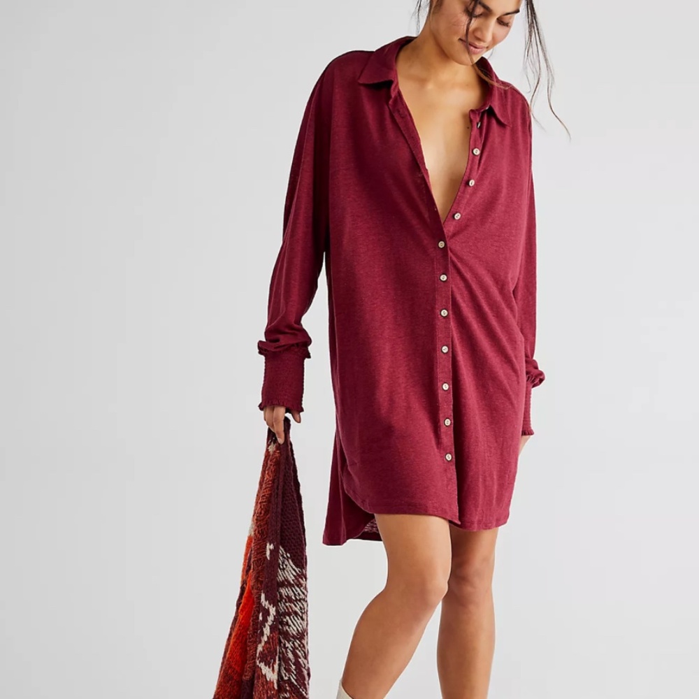 FREE PEOPLE BEACH - Promenade Wild Garnet Red Collared Dress - Oversized Small